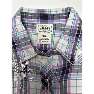 Ariat Womens Western Rodeo Pink Multicolor Plaid Bling Shirt Blouse S Rhinestone